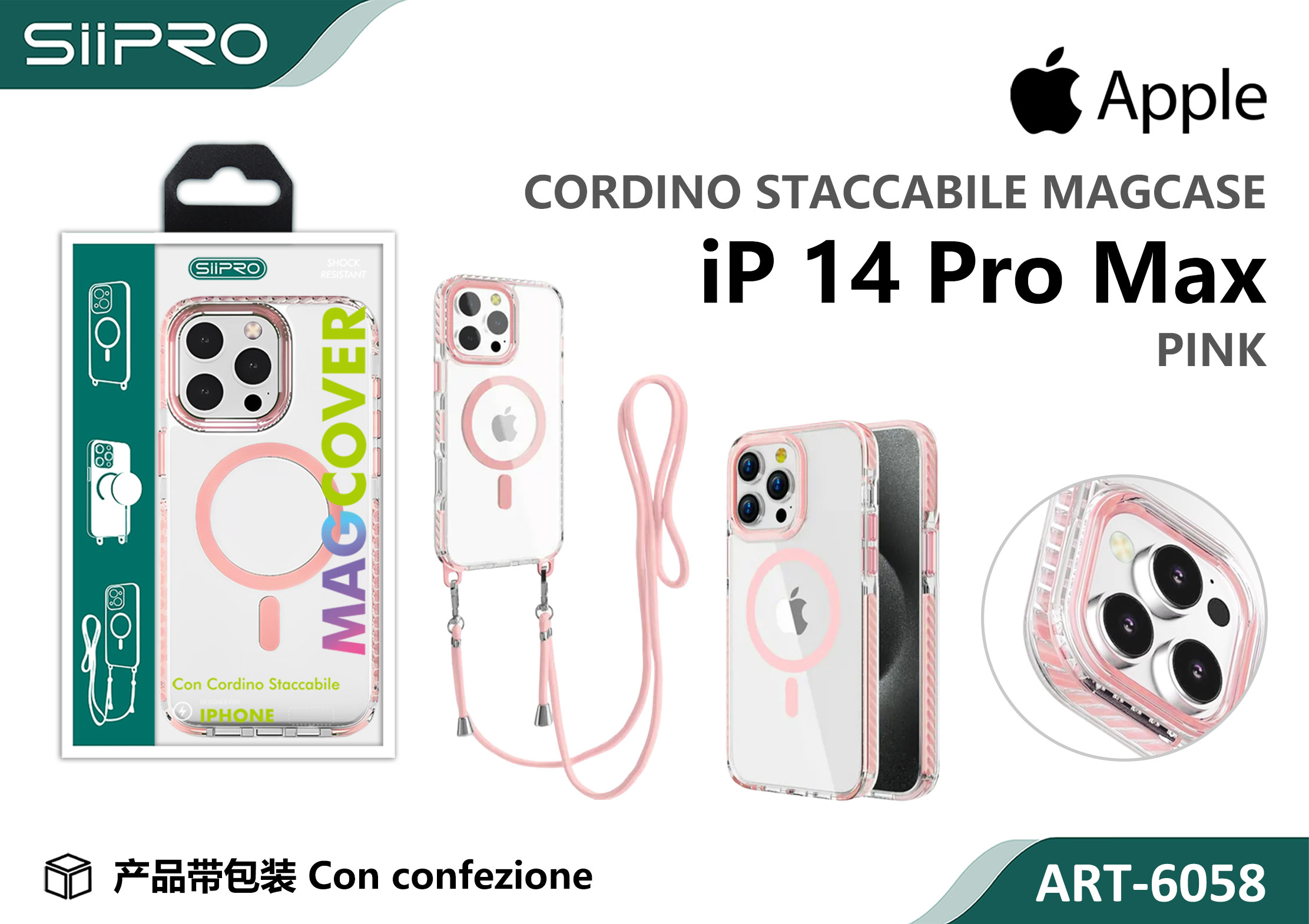 6058-IP14PROMAX-PINK COVER TRASPARENTE CON LACCIO - immagine 1