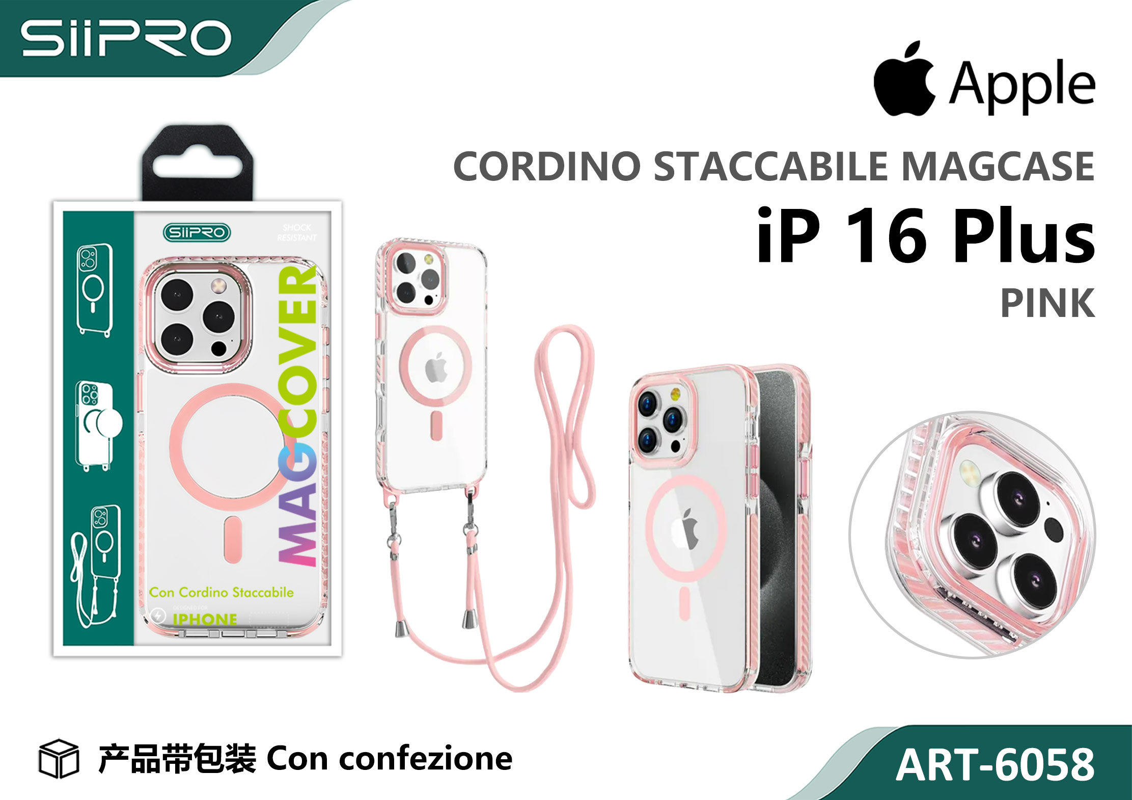 6058-IP16PLUS-PINK COVER TRASPARENTE CON LACCIO - immagine 1