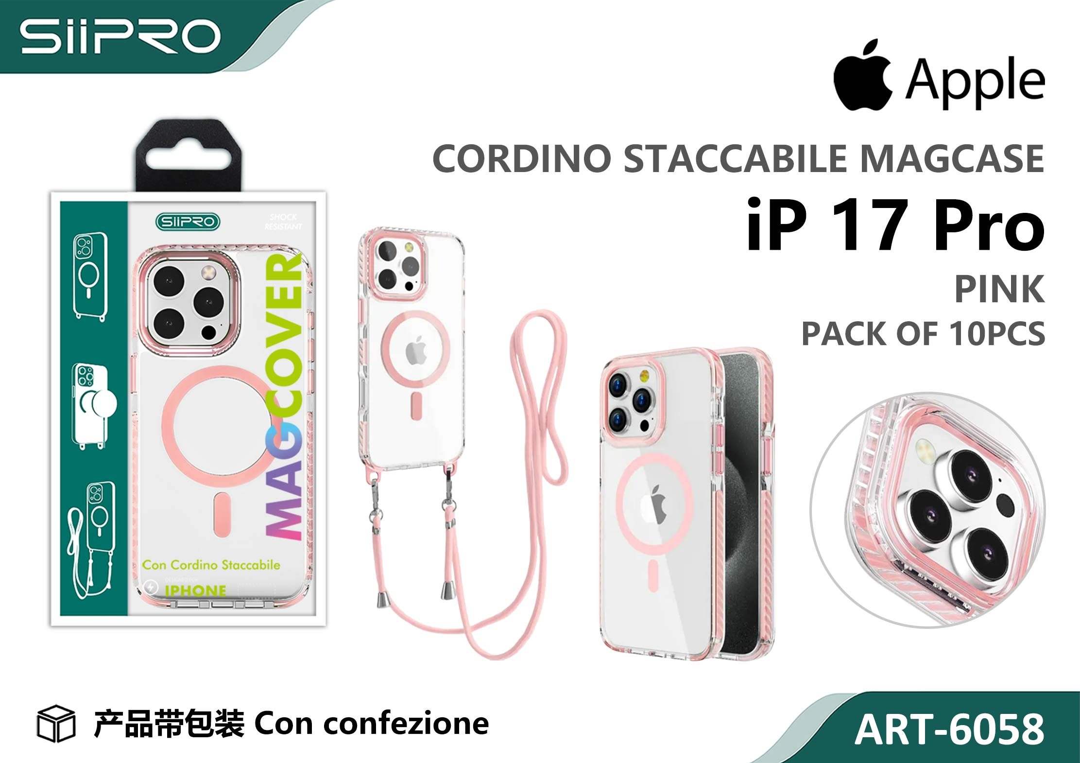 6058-IP17PRO-PINK COVER TRASPARENTE CON LACCIO - immagine 1