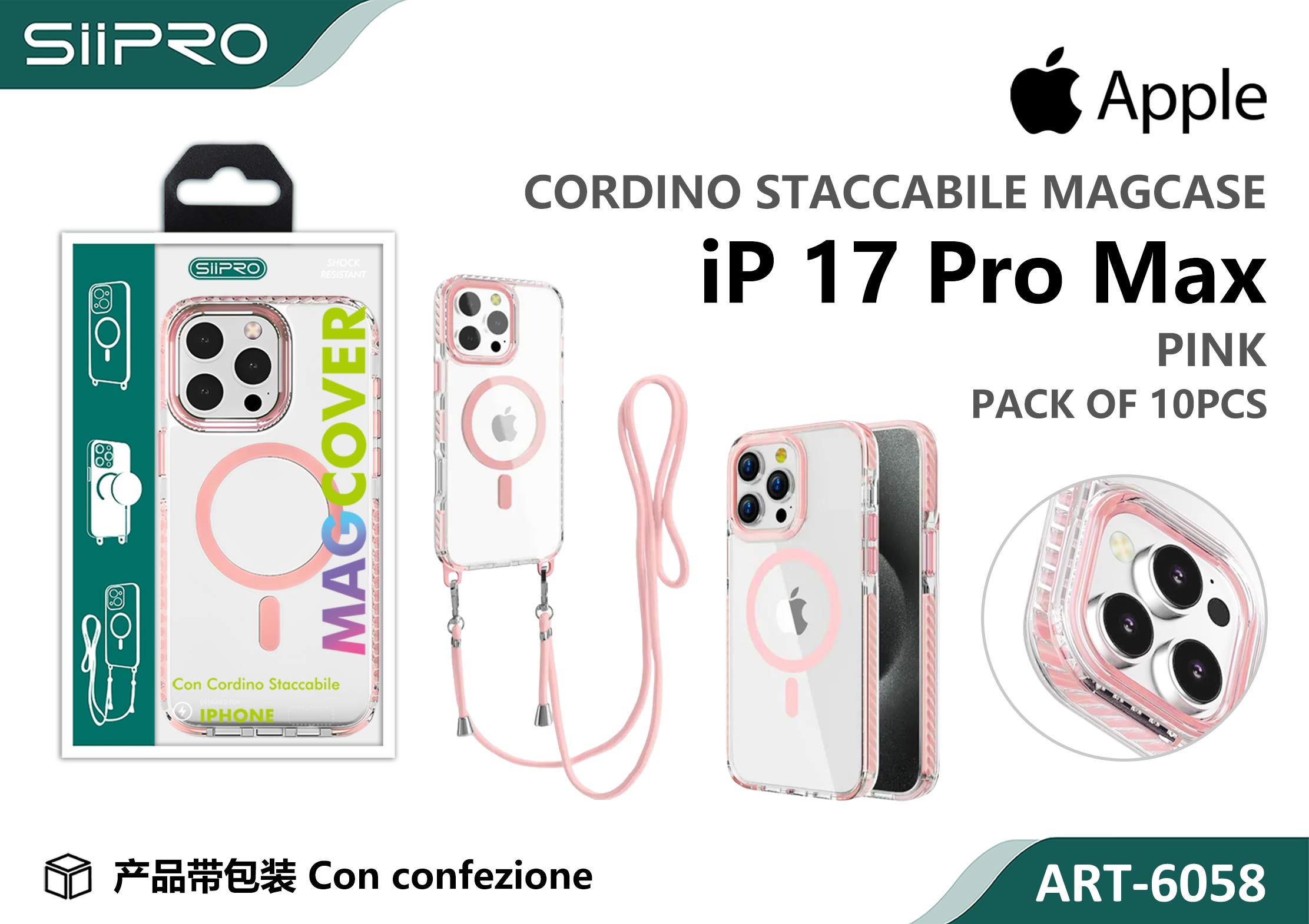 6058-IP17PROMAX-PINK COVER TRASPARENTE CON LACCIO - immagine 1