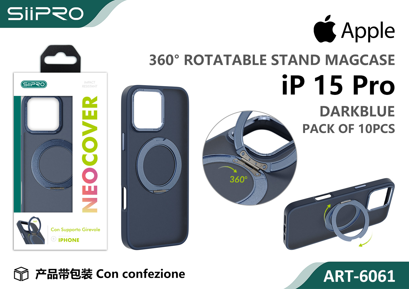 6061-IP15PRO-DARKBLUE COVER MAGNETICO NEO CON SUPPORTO GIREVOLE IP 15PRO - immagine 1