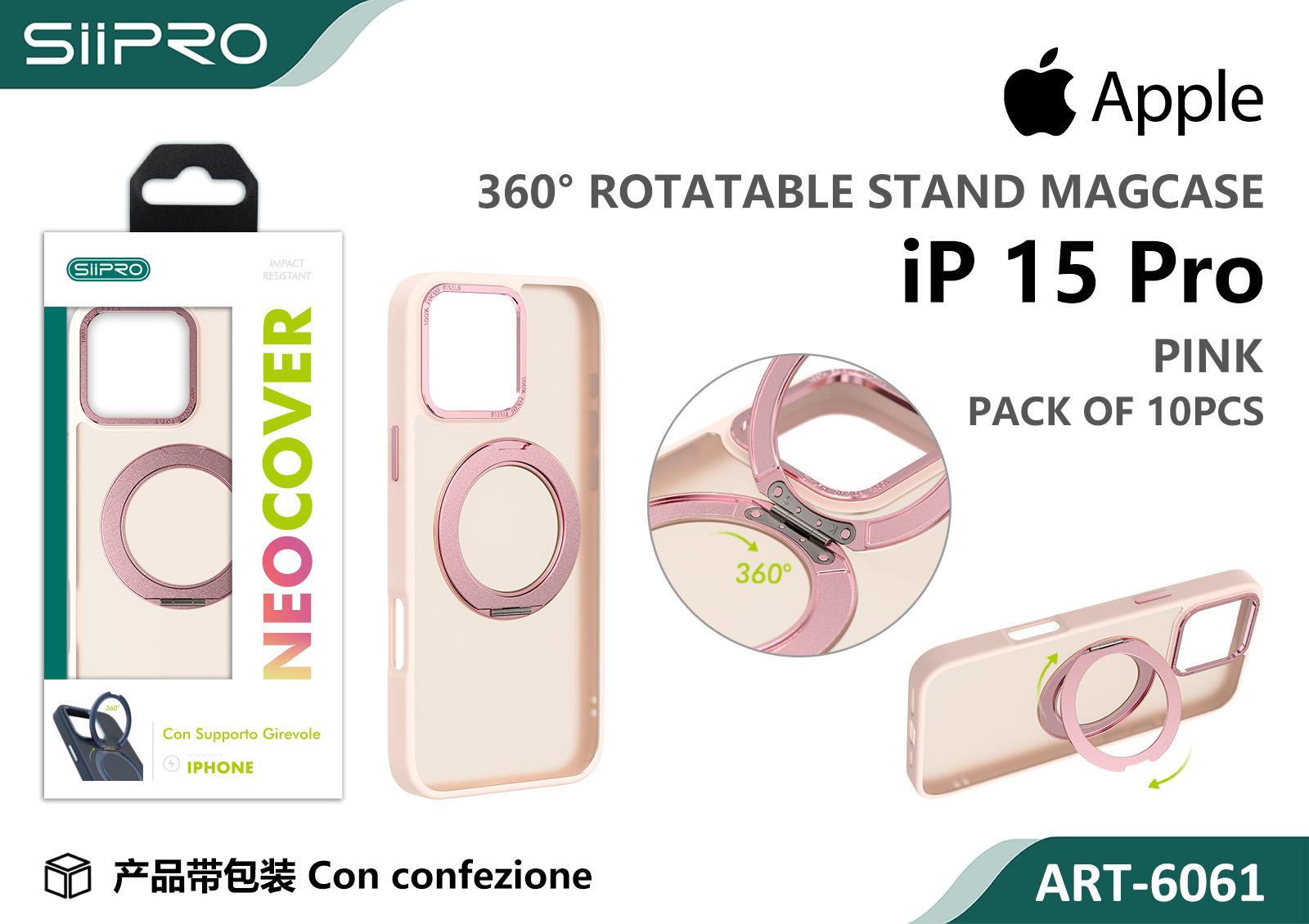6061-IP15PRO-PINK COVER MAGNETICO NEO CON SUPPORTO GIREVOLE IP 15PRO - immagine 1