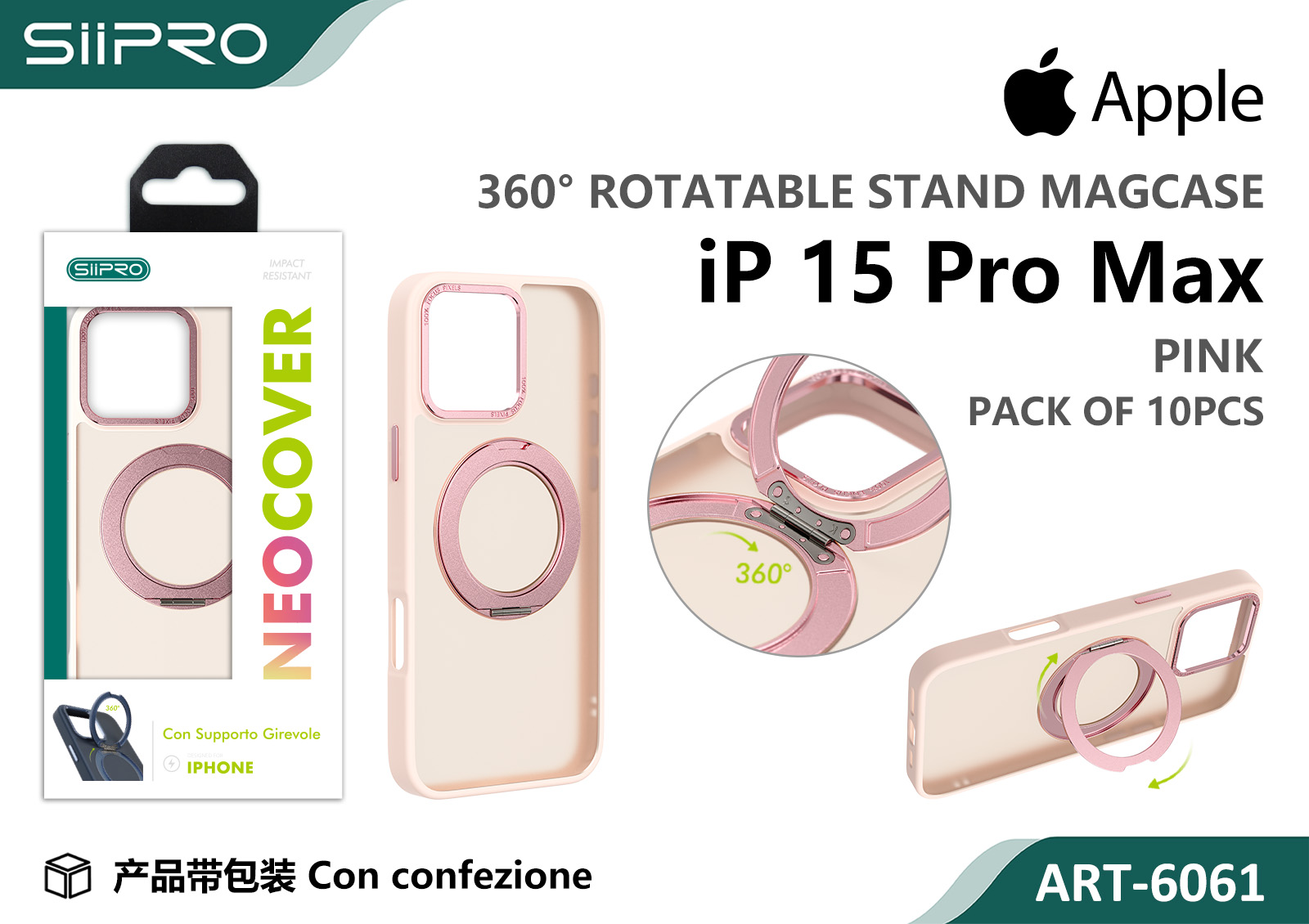 6061-IP15PROMAX-PINK COVER MAGNETICO NEO CON SUPPORTO GIREVOLE IP 15PROMAX - immagine 1