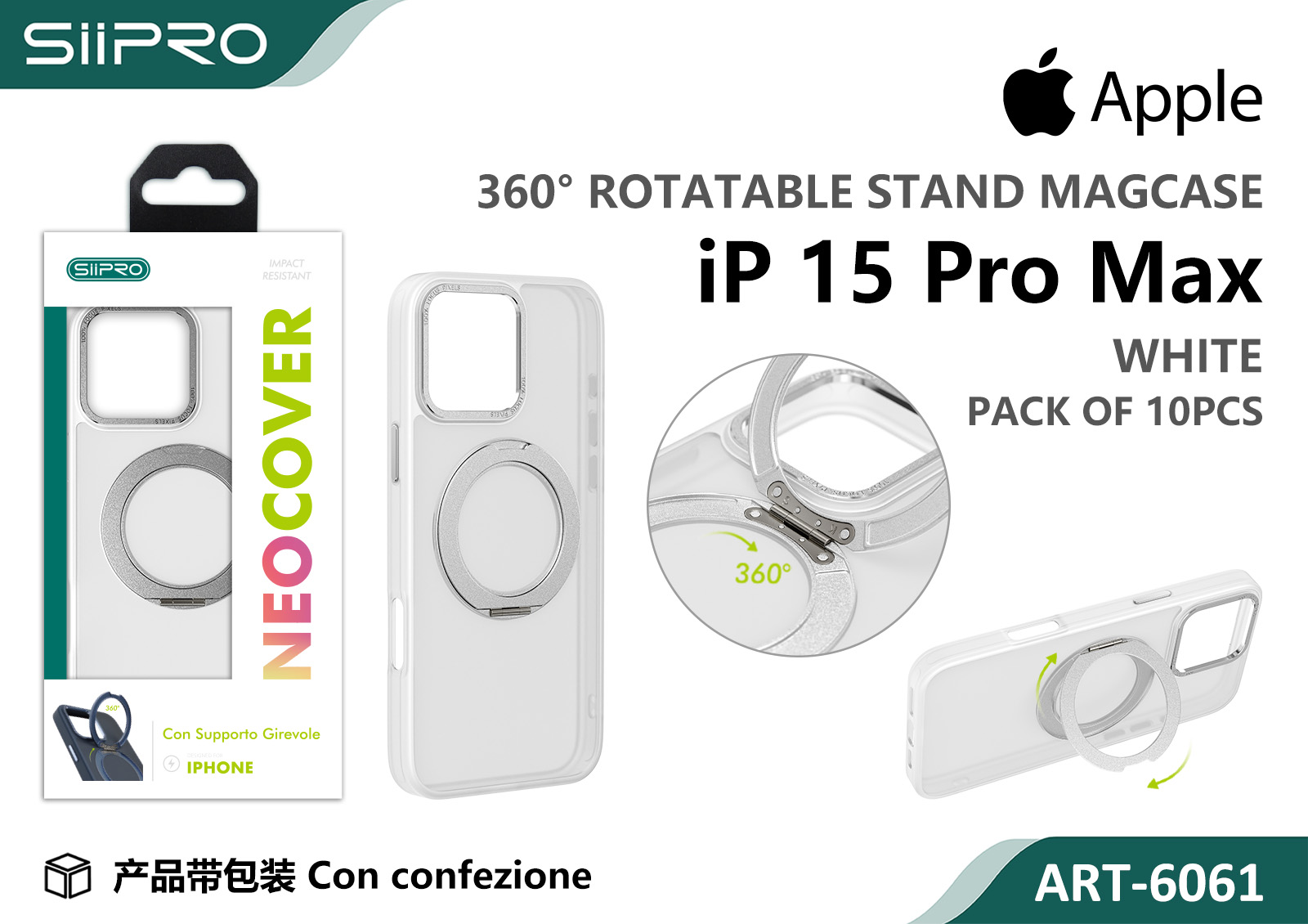 6061-IP15PROMAX-WHITE COVER MAGNETICO NEO CON SUPPORTO GIREVOLE IP 15PROMAX - immagine 1