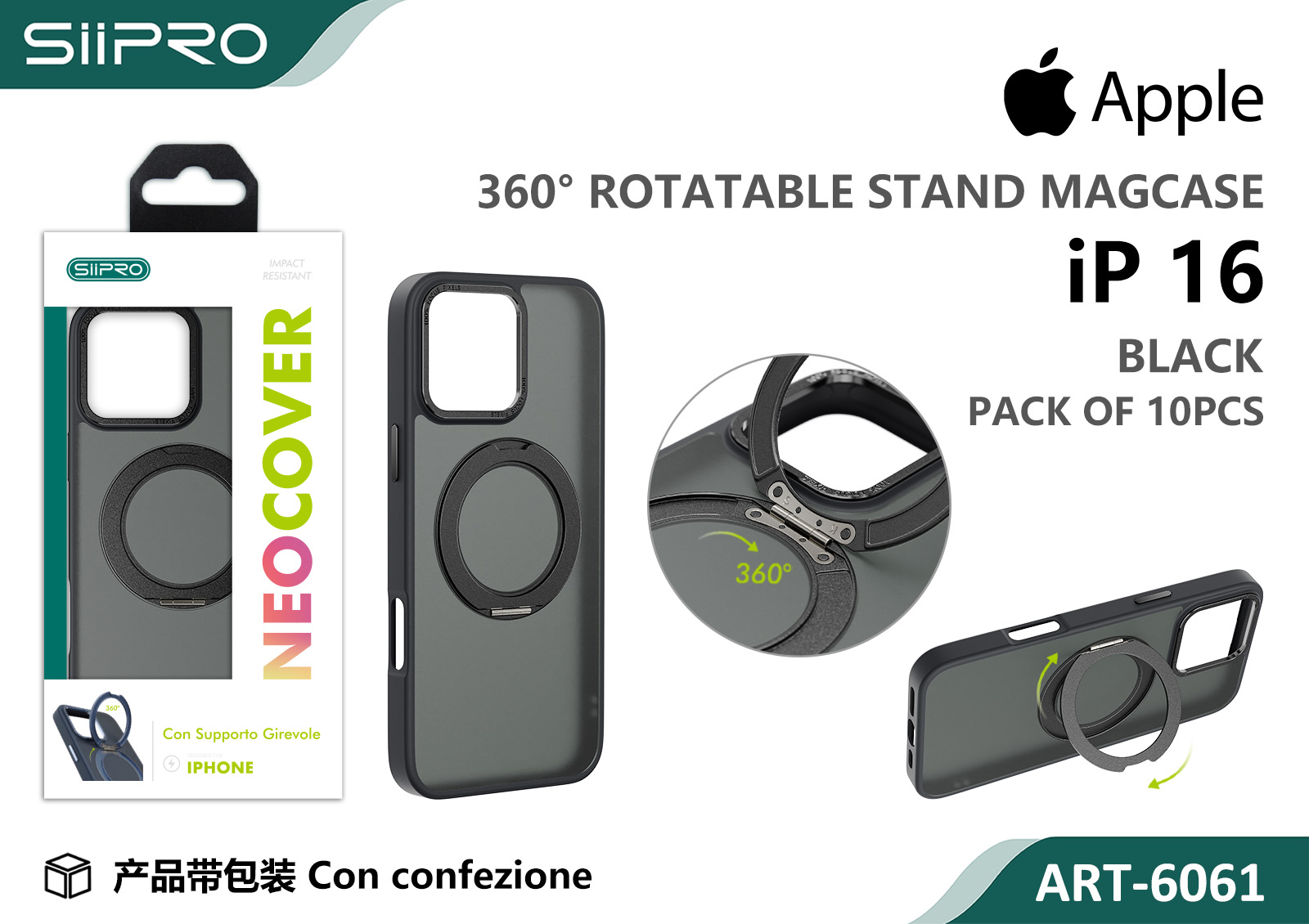 6061-IP16-BLACK COVER MAGNETICO NEO CON SUPPORTO GIREVOLE IP 16 - immagine 1