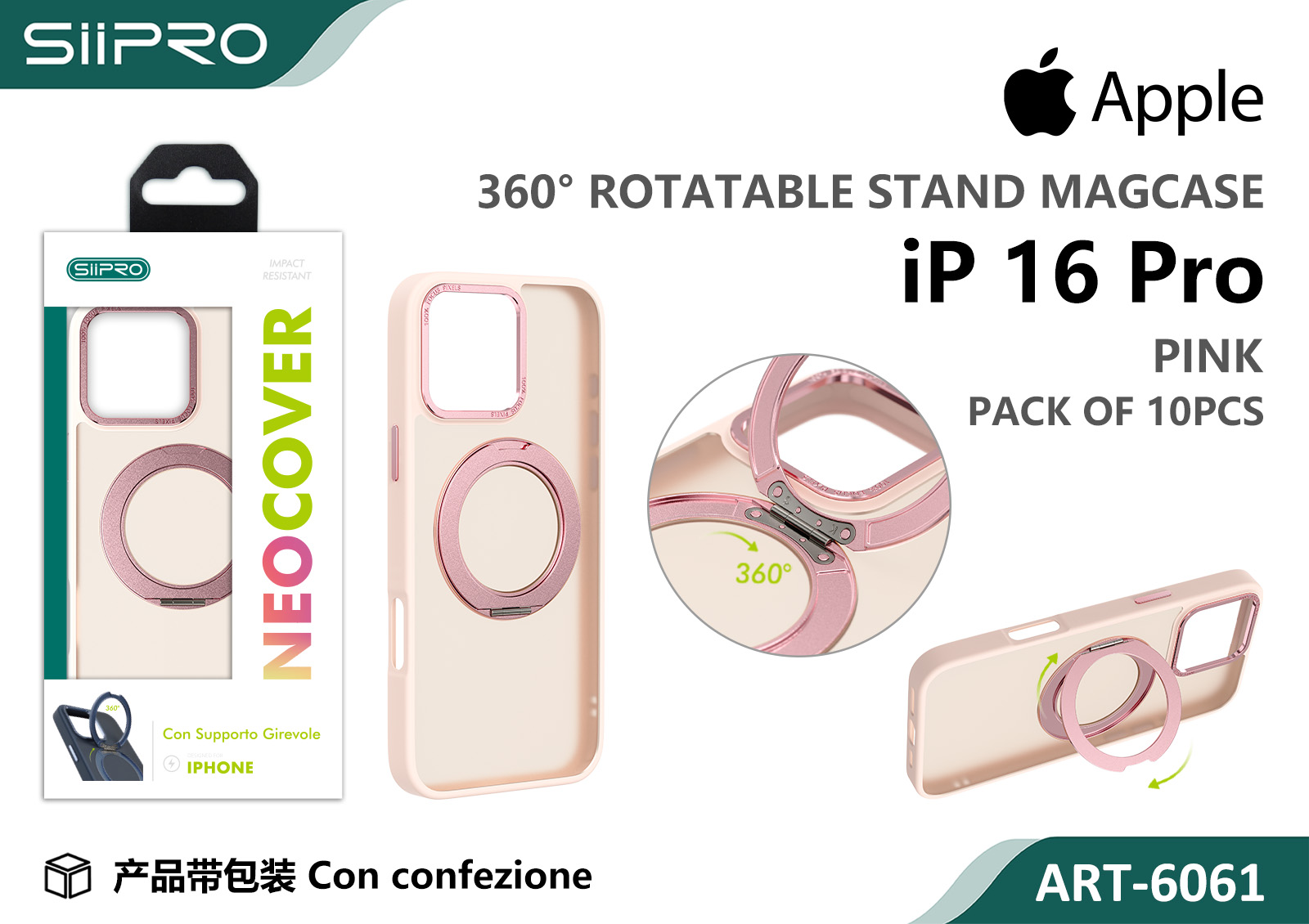 6061-IP16PRO-PINK COVER MAGNETICO NEO CON SUPPORTO GIREVOLE IP 16PRO - immagine 1