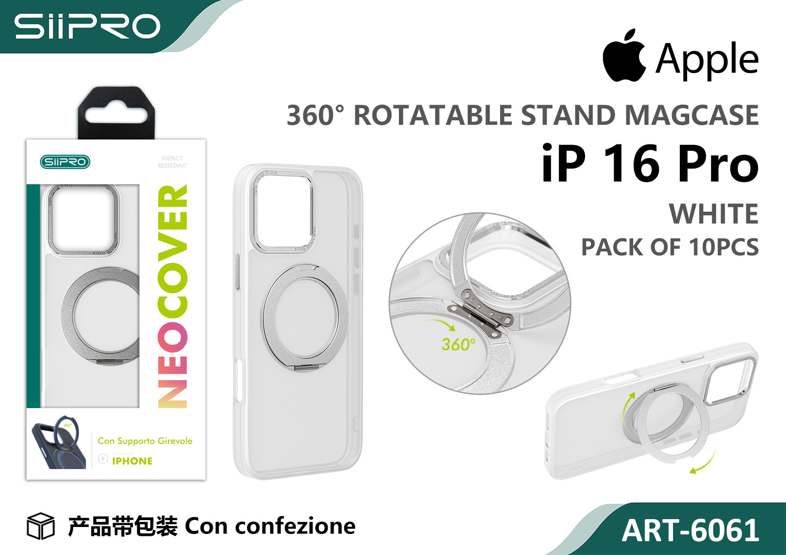 6061-IP16PRO-WHITE COVER MAGNETICO NEO CON SUPPORTO GIREVOLE IP 16PRO - immagine 1