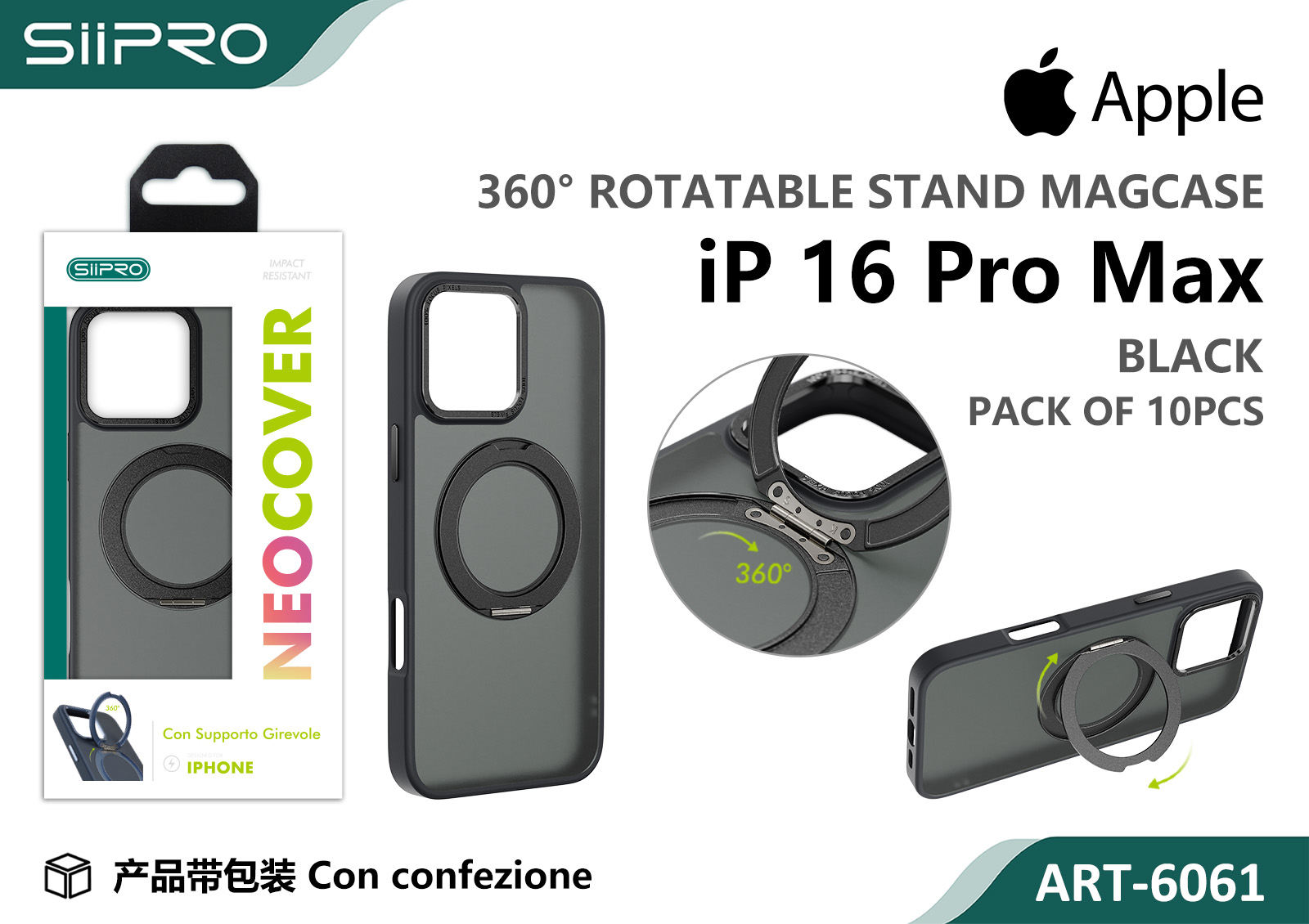 6061-IP16PROMAX-BLACK COVER MAGNETICO NEO CON SUPPORTO GIREVOLE IP 16PROMAX - immagine 1