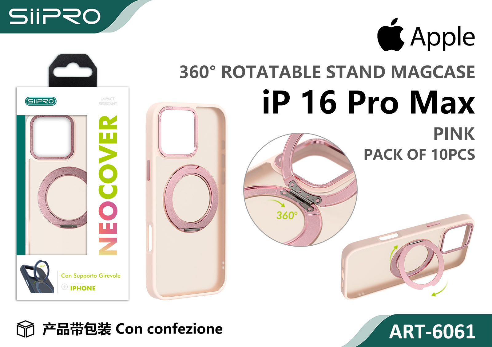 6061-IP16PROMAX-PINK COVER MAGNETICO NEO CON SUPPORTO GIREVOLE IP 16PROMAX - immagine 1