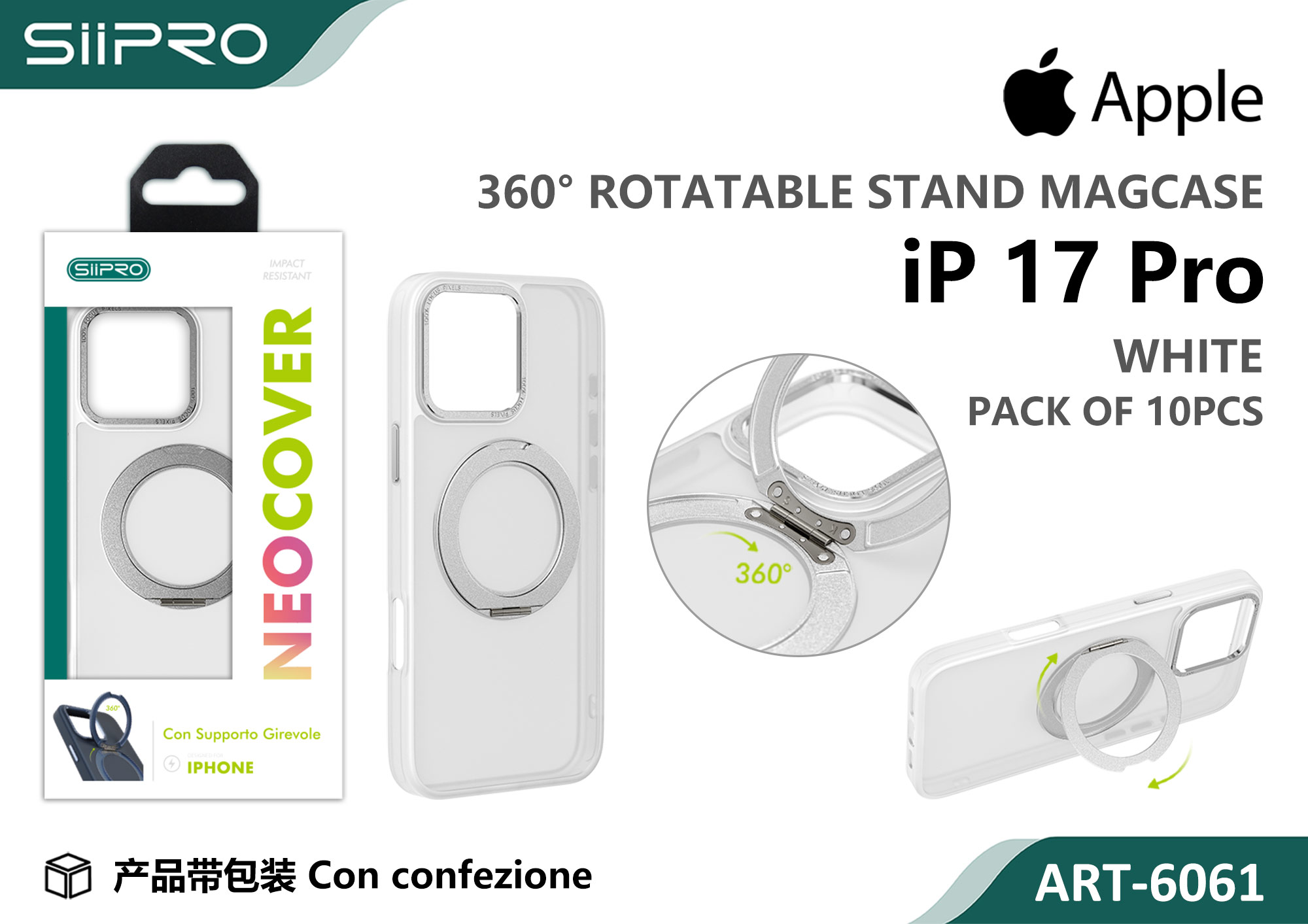 6061-IP17PRO-WHITE COVER MAGNETICO NEO CON SUPPORTO GIREVOLE IP 17PRO - immagine 1