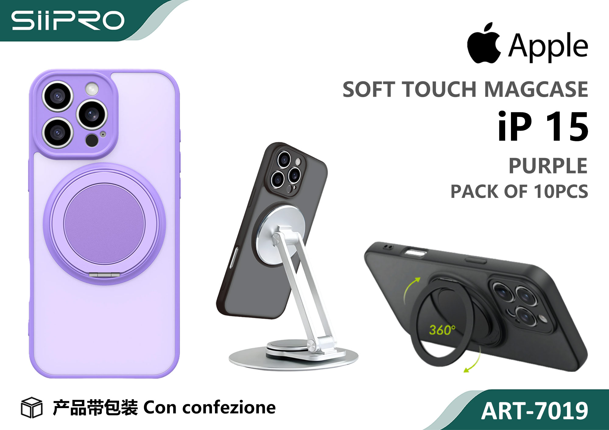 7019-IP15-PURPLE COVER MAGNETICO CON SUPPORTO IP 15 - immagine 1