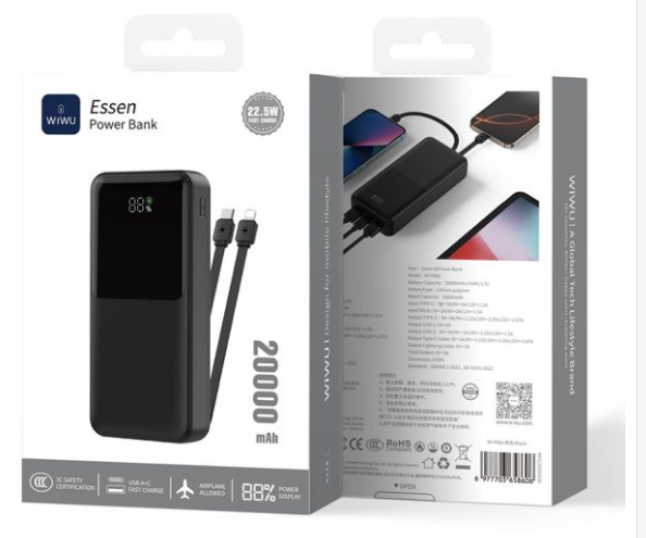 WI-03658606_WI-03658606 WIWU Wi-P082 20000mAh 22.5W Essen Power Bank 2A1C Black WIWU Wi-P082 充电宝 黑色 - immagine 1