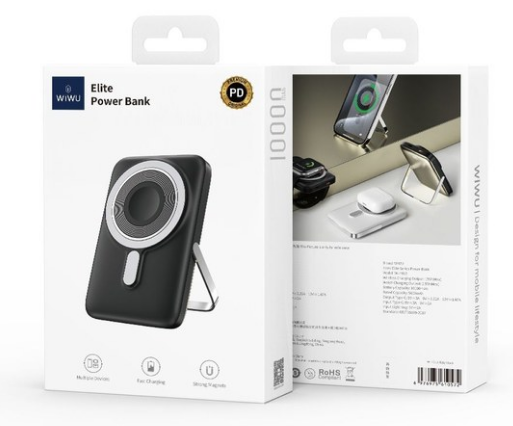 WI-75610572_WI-75610572 WI-P018 10000mAh Power Bank Nero WI-P018 10000mAh 带支架充电宝 黑色 - immagine 1